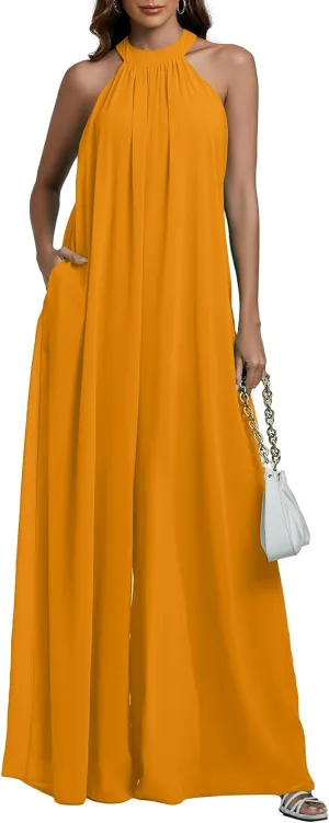 LYANER Women's Halter Neck Sleeveless Chiffon Wide Leg Long Pant Jumpsuit Romper Ginger Large