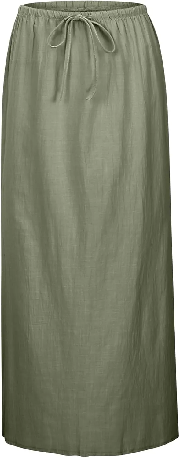Maxi Skirts for Women Summer Trendy Linen Beach Casual Dresses Low Waist Drawstring Cute Boho Flowy Long A Line Skirt