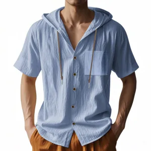 Mens Hooded Shirt  Linen Blend  Relaxed Fit  Short Sleeve  Button-Up Casual