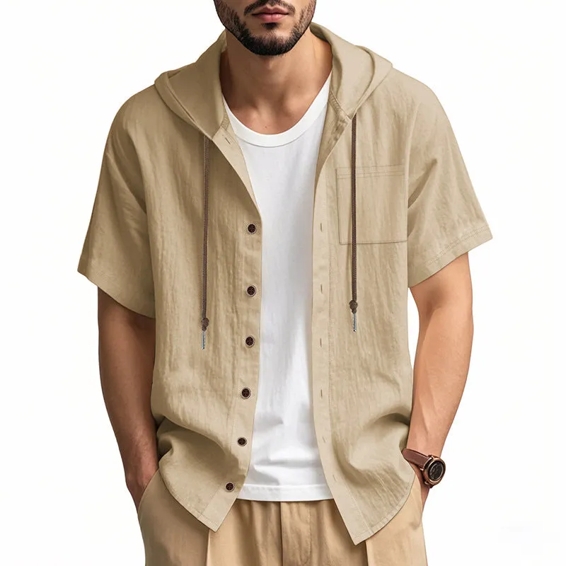 Mens Hooded Shirt  Linen Blend  Relaxed Fit  Short Sleeve  Button-Up Casual