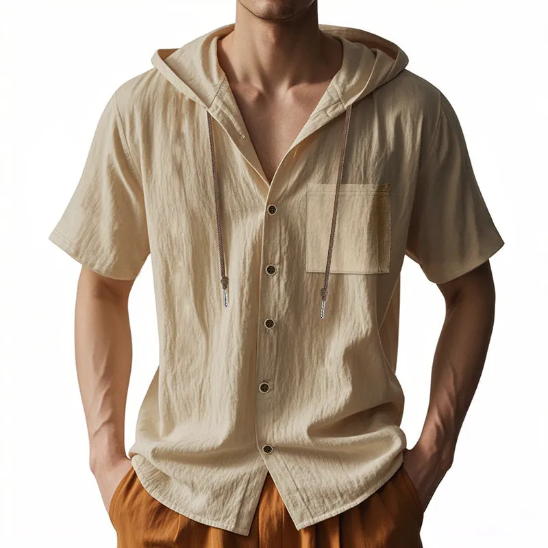 Mens Hooded Shirt  Linen Blend  Relaxed Fit  Short Sleeve  Button-Up Casual