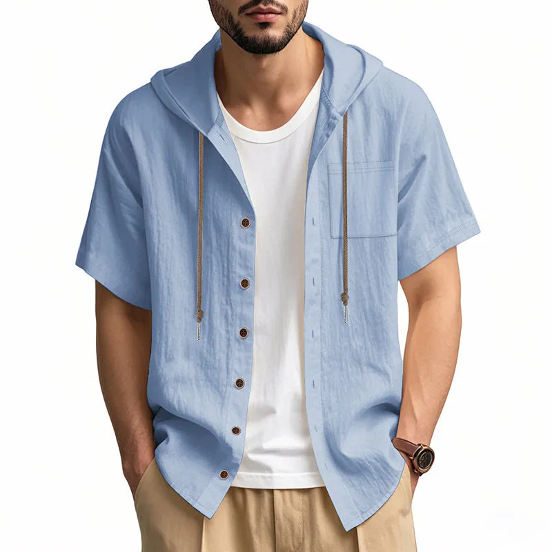 Mens Hooded Shirt  Linen Blend  Relaxed Fit  Short Sleeve  Button-Up Casual