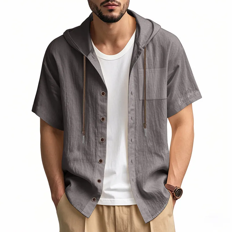 Mens Hooded Shirt  Linen Blend  Relaxed Fit  Short Sleeve  Button-Up Casual