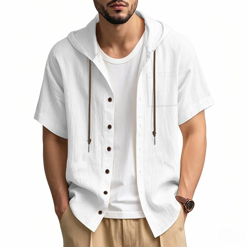 Mens Hooded Shirt  Linen Blend  Relaxed Fit  Short Sleeve  Button-Up Casual