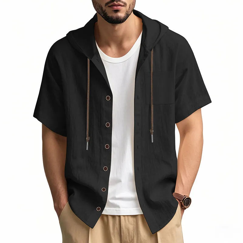 Mens Hooded Shirt  Linen Blend  Relaxed Fit  Short Sleeve  Button-Up Casual
