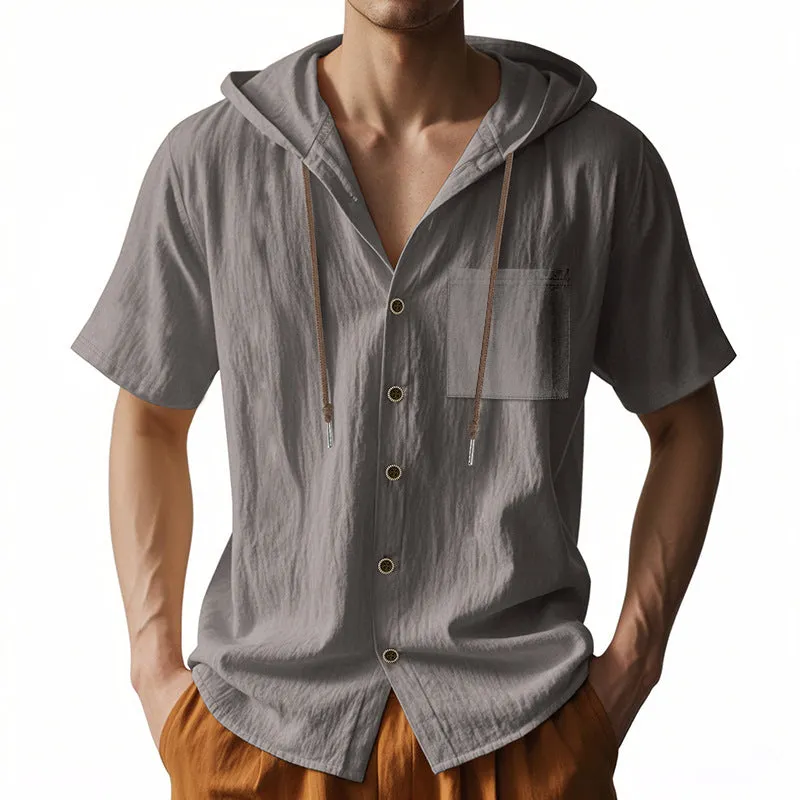 Mens Hooded Shirt  Linen Blend  Relaxed Fit  Short Sleeve  Button-Up Casual