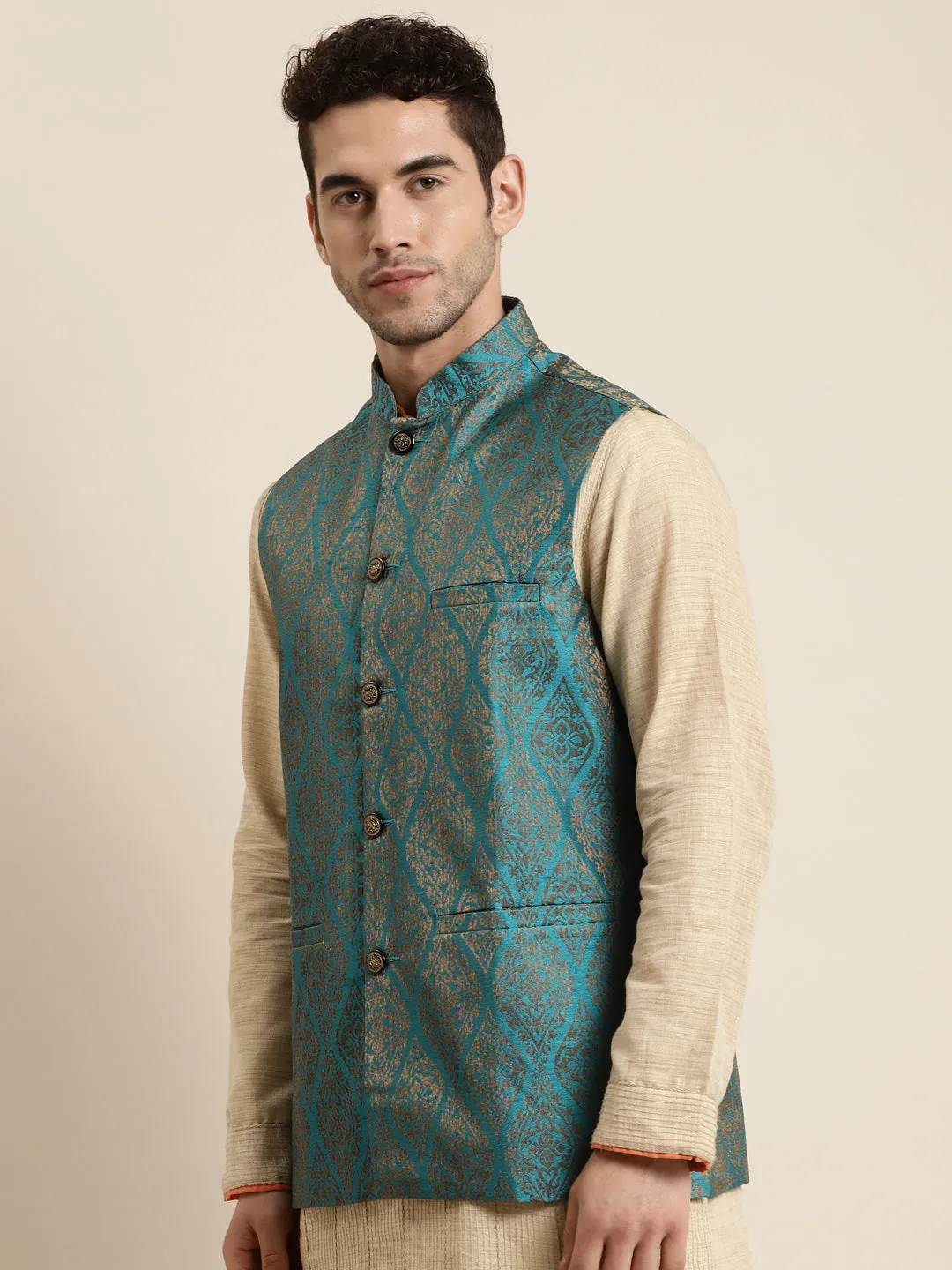 Men's Jacquard Silk Teal Blue & Gold Waistcoat