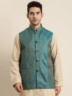 Men's Jacquard Silk Teal Blue & Gold Waistcoat