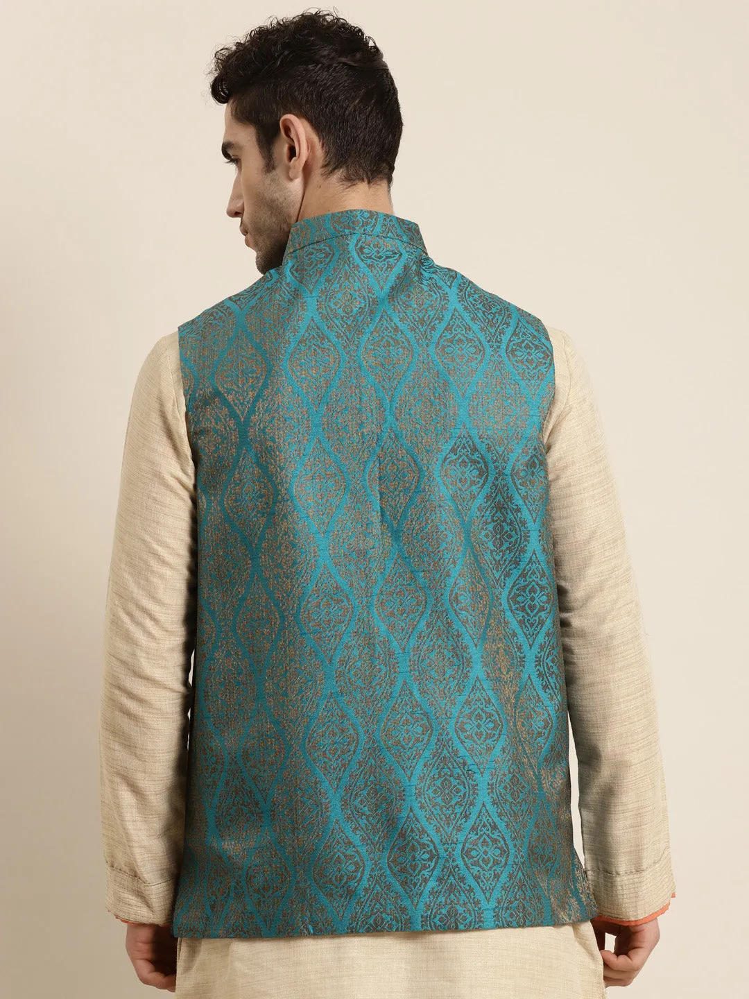 Men's Jacquard Silk Teal Blue & Gold Waistcoat