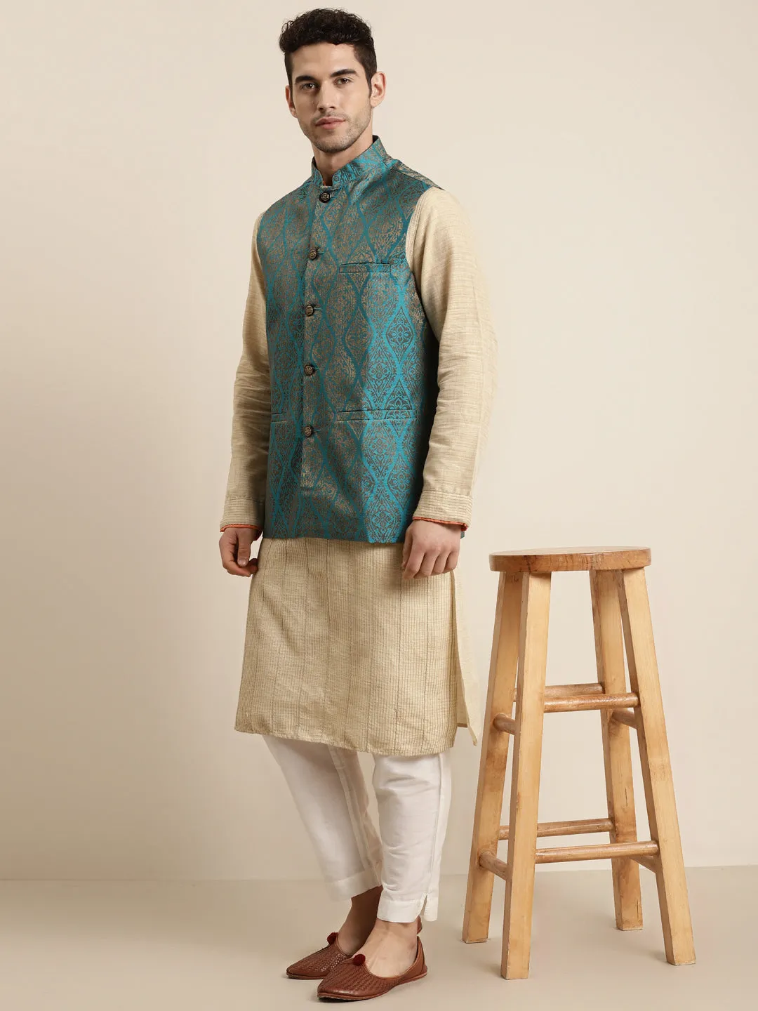 Men's Jacquard Silk Teal Blue & Gold Waistcoat