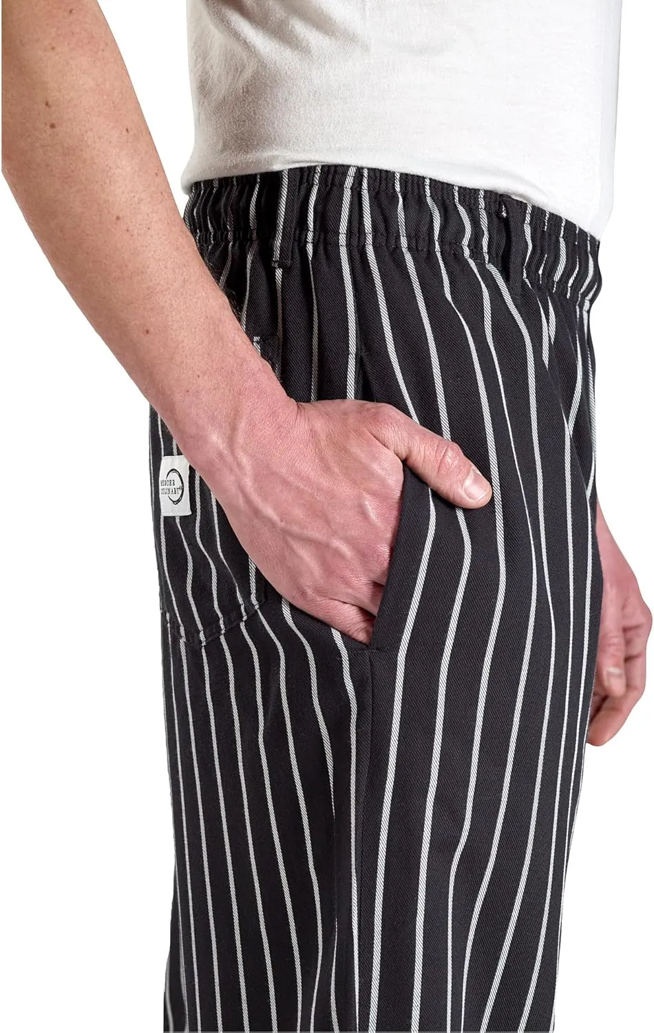 Mercer Culinary M60030BCSS Millennia Men's Black Cook Pants with White Chalk Stripe, Small