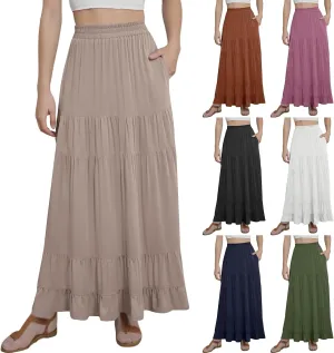 midelxp Flowy Long Skirts for Women Summer Elastic High Waist A Line Pleated Skirts Y2k Comfy Tiered Maxi Skirt with Pockets