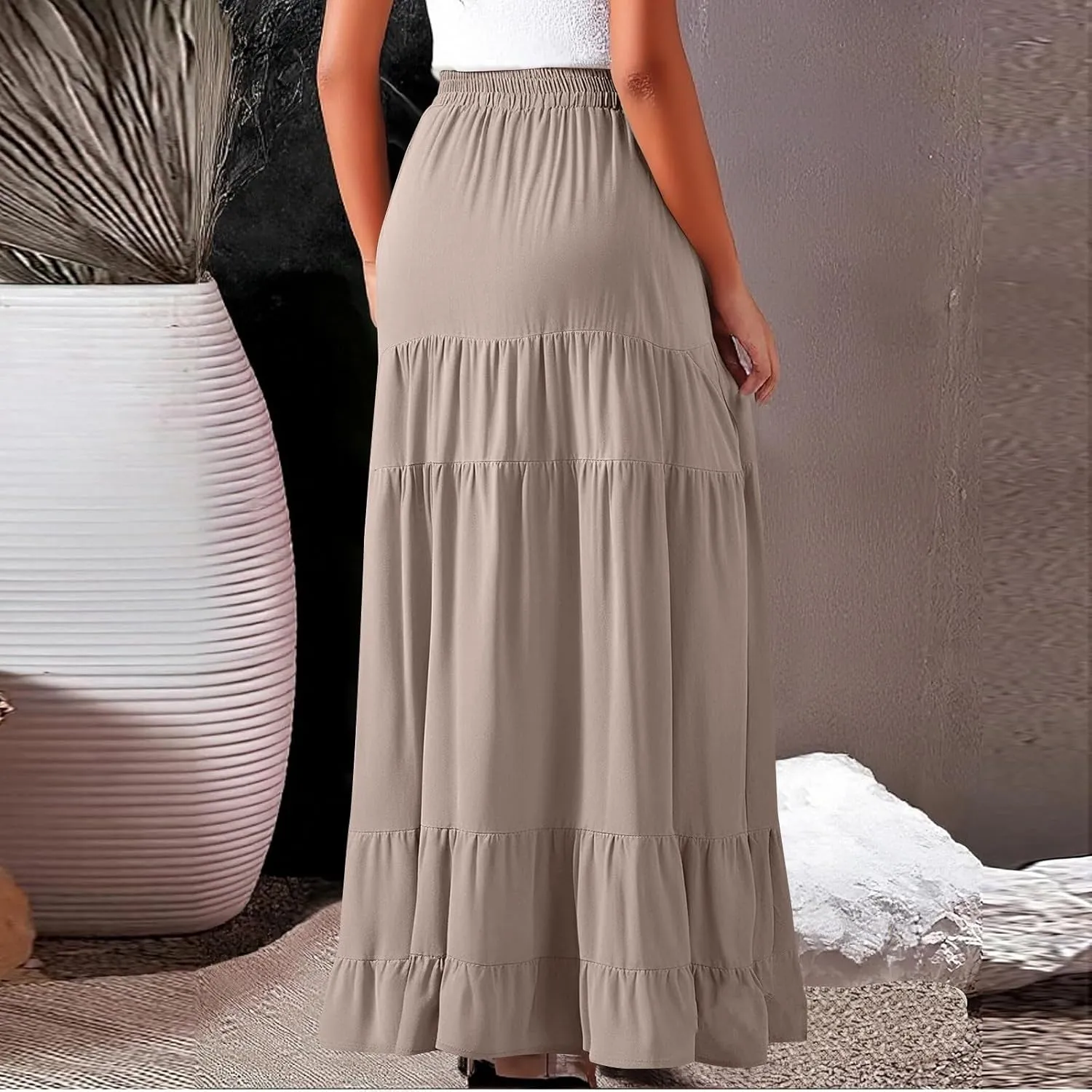 midelxp Flowy Long Skirts for Women Summer Elastic High Waist A Line Pleated Skirts Y2k Comfy Tiered Maxi Skirt with Pockets