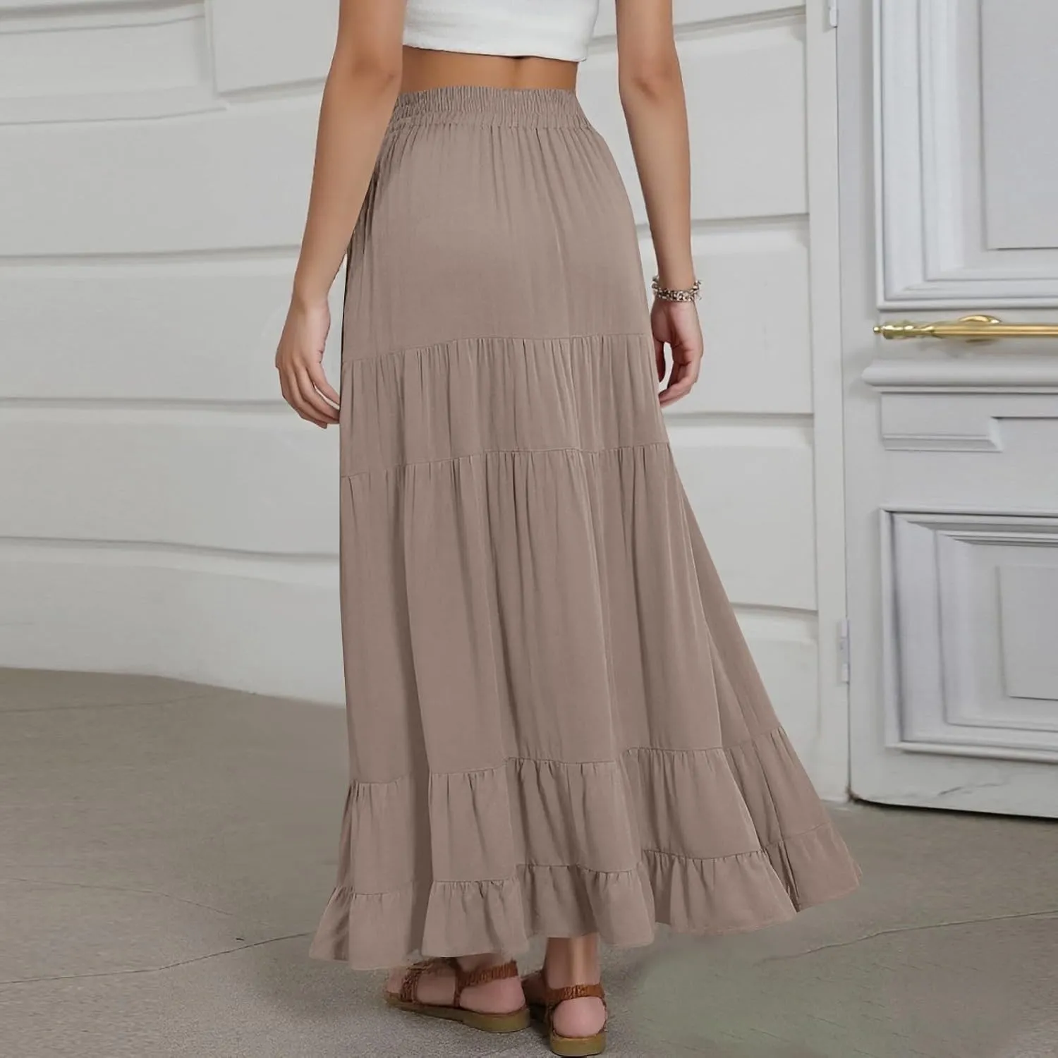 midelxp Flowy Long Skirts for Women Summer Elastic High Waist A Line Pleated Skirts Y2k Comfy Tiered Maxi Skirt with Pockets