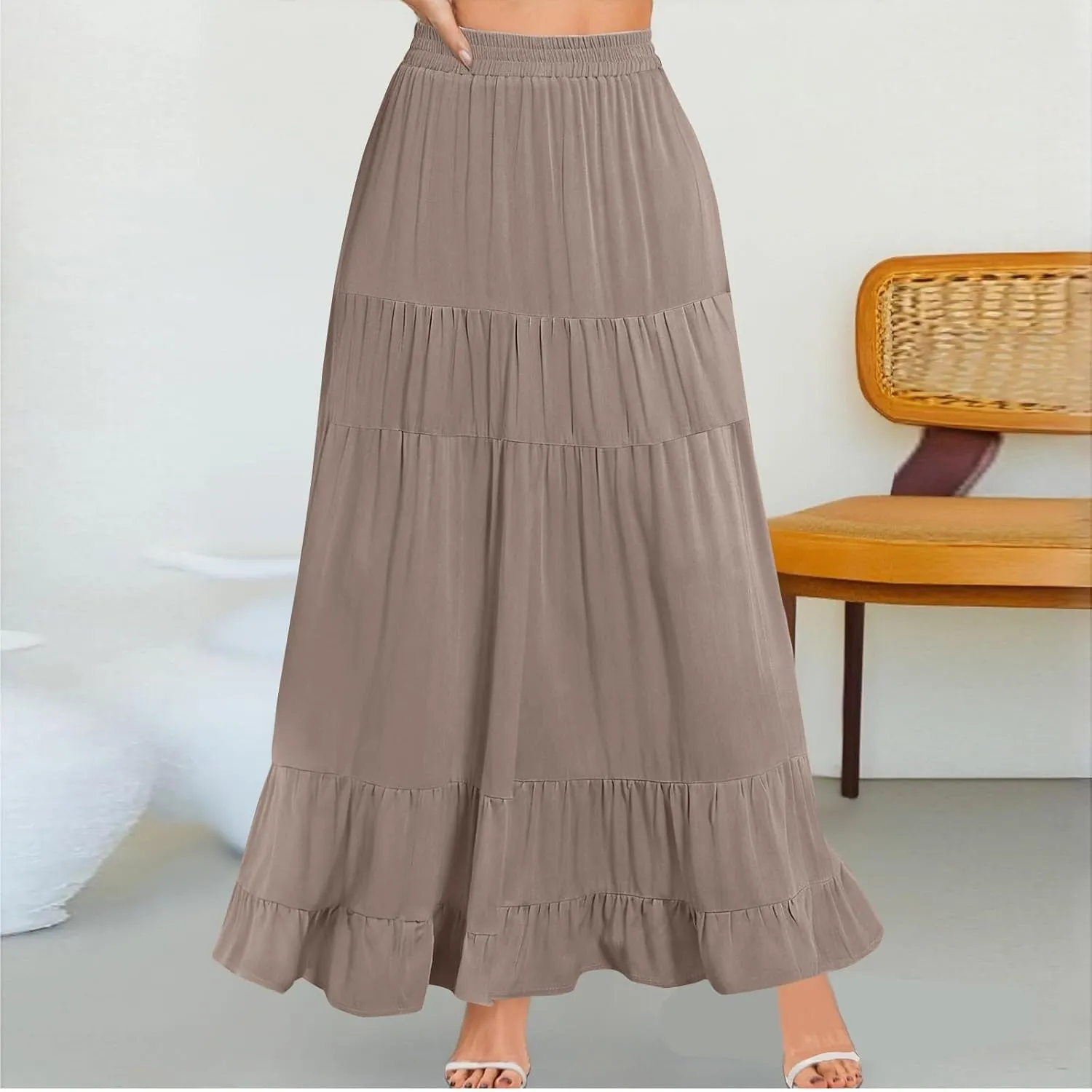 midelxp Flowy Long Skirts for Women Summer Elastic High Waist A Line Pleated Skirts Y2k Comfy Tiered Maxi Skirt with Pockets