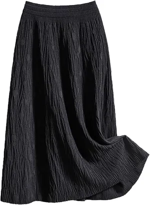Midi Skirts for Women Fashion Casual Mid Length Skirts Boho Flowy Pleated Skirt Fashion Elastic High Waist Skirts