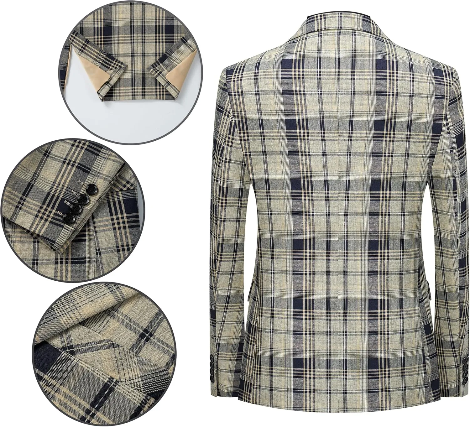 MOGU Mens 3-Piece Slim Fit Plaid Suit - Blazer, Vest, and Pants Set for Wedding Prom Casual