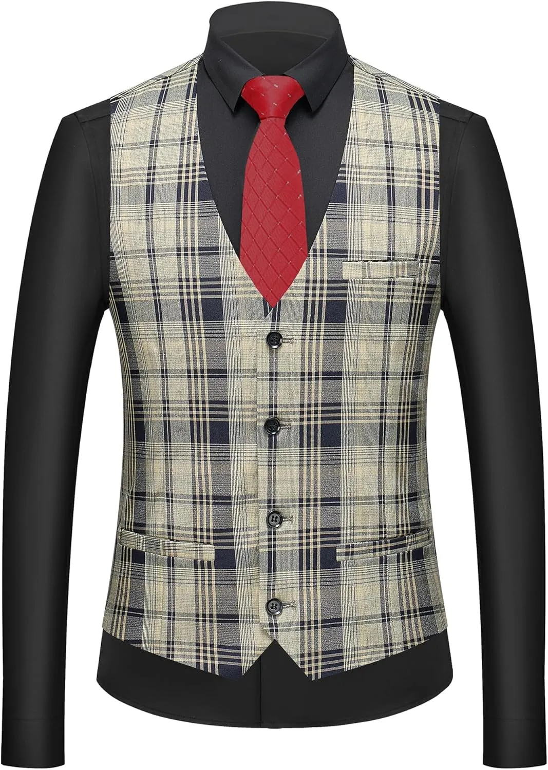 MOGU Mens 3-Piece Slim Fit Plaid Suit - Blazer, Vest, and Pants Set for Wedding Prom Casual