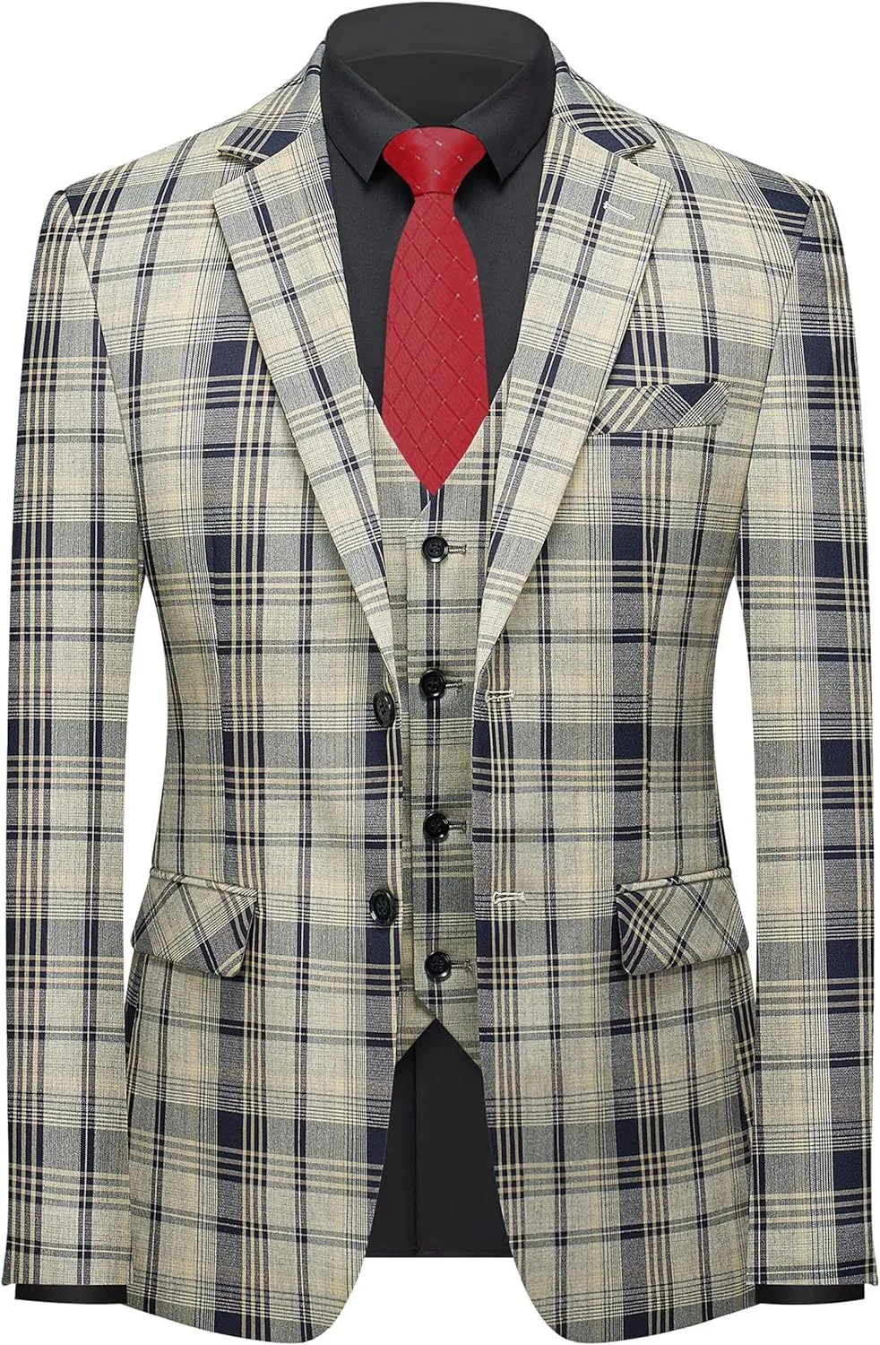 MOGU Mens 3-Piece Slim Fit Plaid Suit - Blazer, Vest, and Pants Set for Wedding Prom Casual