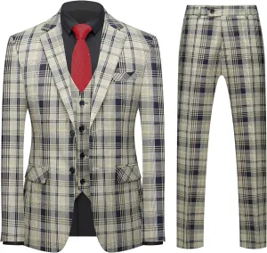 MOGU Mens 3-Piece Slim Fit Plaid Suit - Blazer, Vest, and Pants Set for Wedding Prom Casual