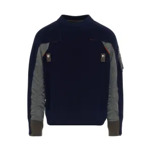 Nylon Twill Mix Classic Knit Pullover in Navy