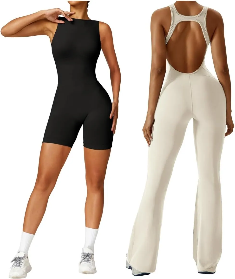 OEAK Womens Flare Jumpsuit with Bra Tummy Control Cutout Romper Scrunch Butt Jumpsuit Shorts for Women Black Beige S