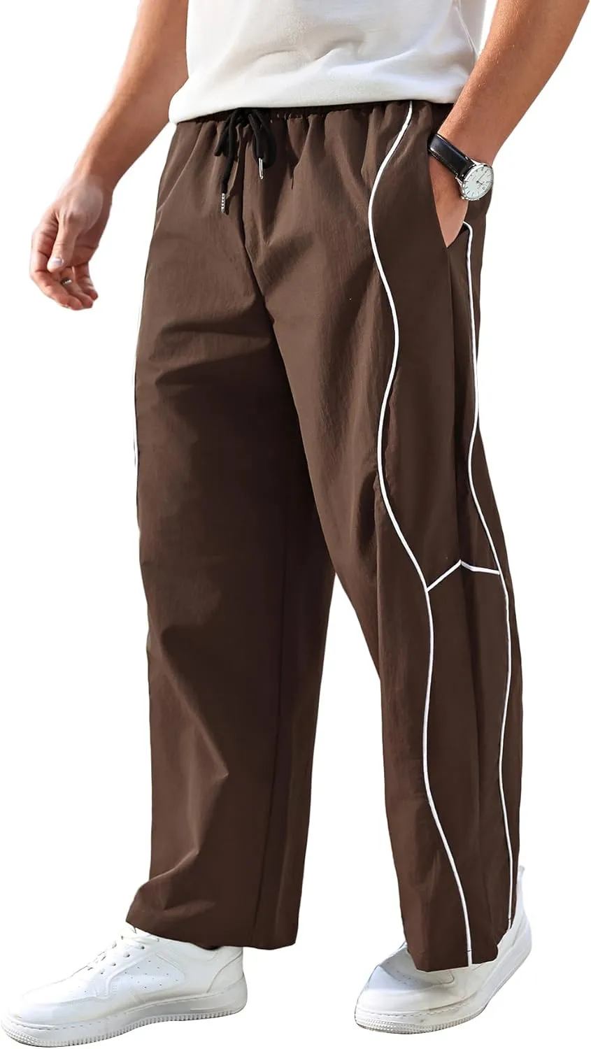 OYOANGLE Men's Elastic Drawstring Waist Straight Leg Pants with Pocket Loose Long Sweatpants
