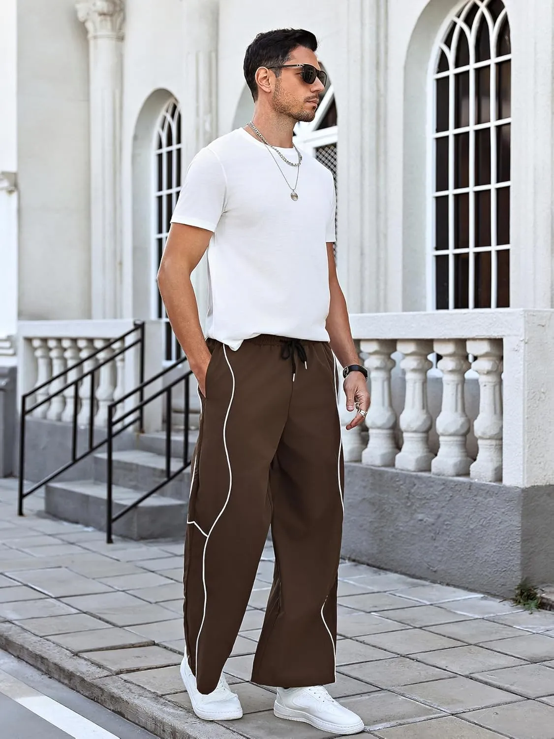 OYOANGLE Men's Elastic Drawstring Waist Straight Leg Pants with Pocket Loose Long Sweatpants