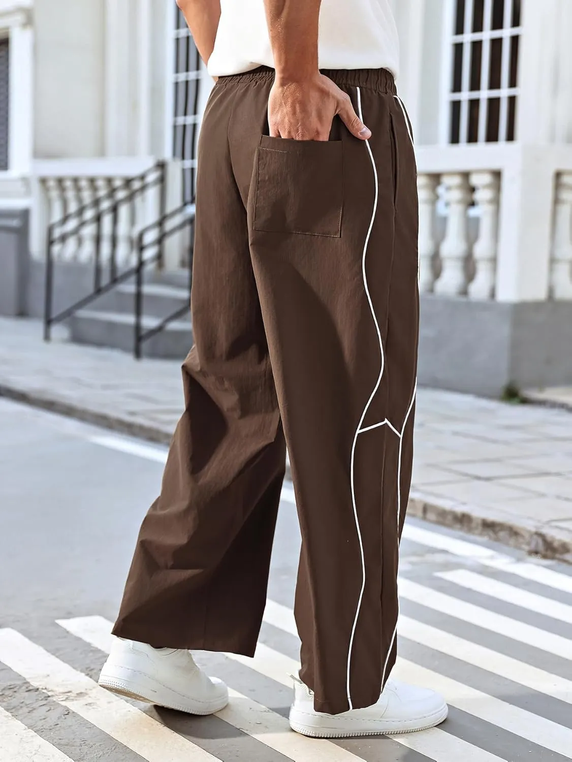 OYOANGLE Men's Elastic Drawstring Waist Straight Leg Pants with Pocket Loose Long Sweatpants