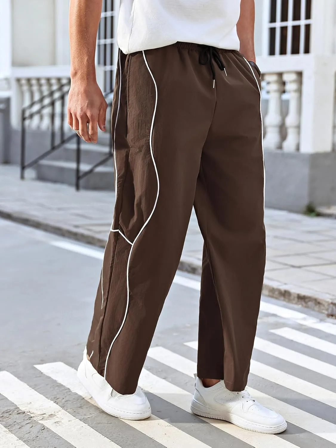 OYOANGLE Men's Elastic Drawstring Waist Straight Leg Pants with Pocket Loose Long Sweatpants