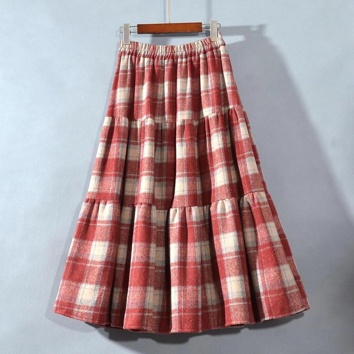 Plaid Skirt for Womens Elastic High Waisted A-Line Pleated Long Skirts 2025 Fashion Loose Vintage Knee Length Skirts