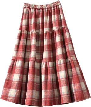 Plaid Skirt for Womens Elastic High Waisted A-Line Pleated Long Skirts 2025 Fashion Loose Vintage Knee Length Skirts