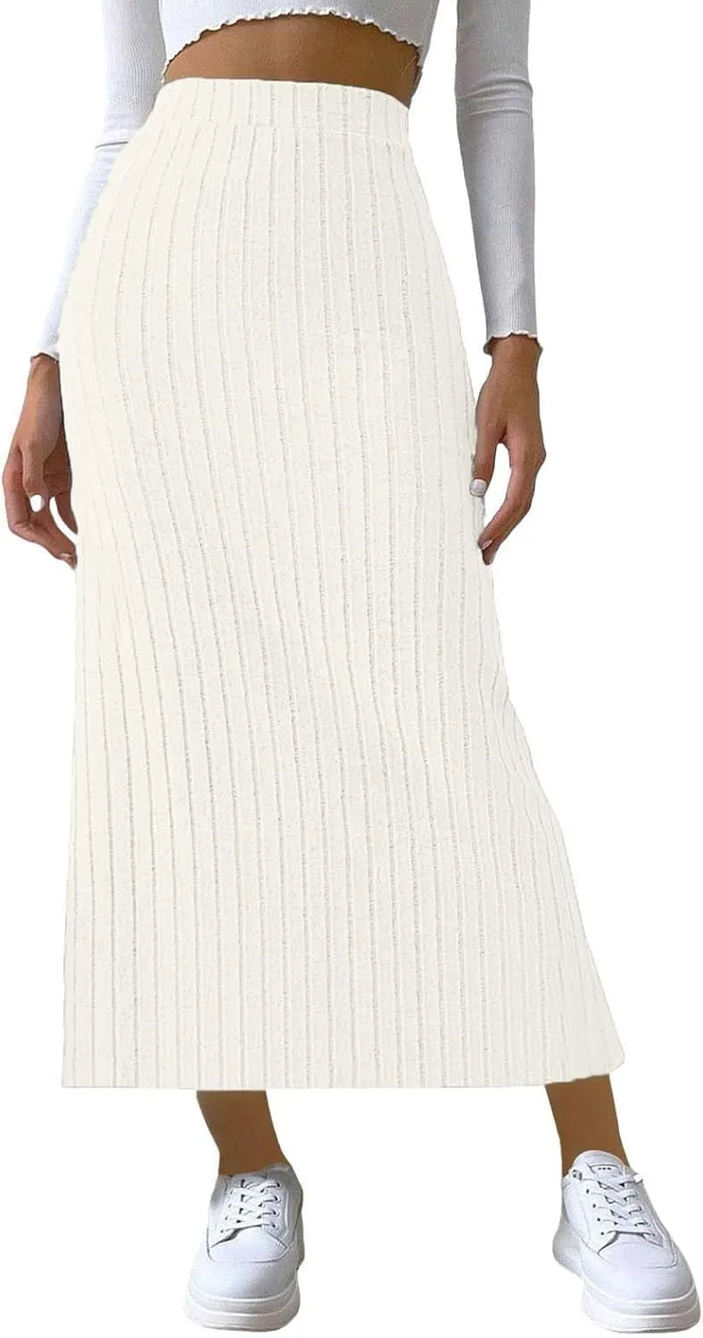 Plus Size Knitted Ribbed Skirt for Women High Waisted Stretch Bodycon Skirt Side Split Slim Fit Maxi Skirt Spring