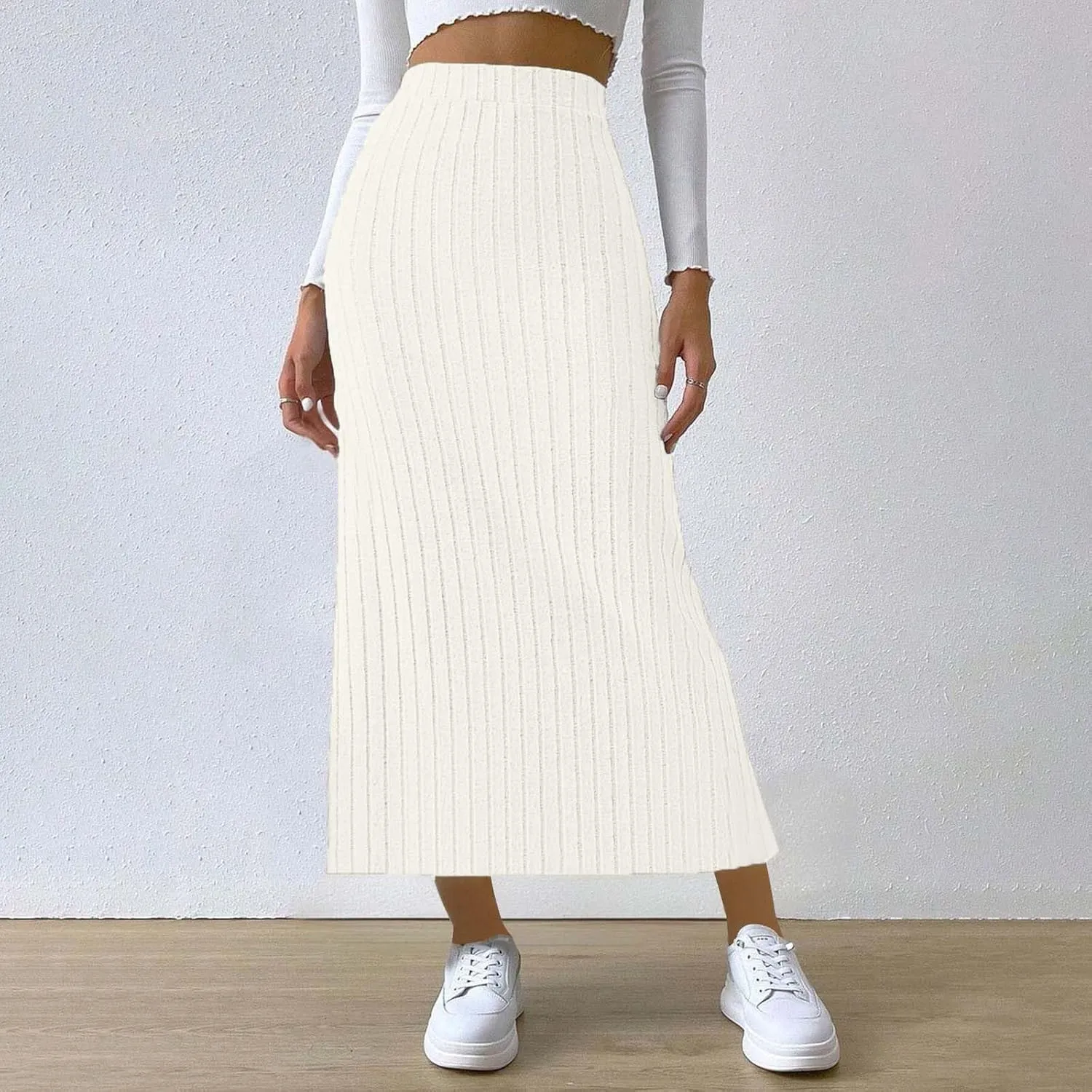 Plus Size Knitted Ribbed Skirt for Women High Waisted Stretch Bodycon Skirt Side Split Slim Fit Maxi Skirt Spring