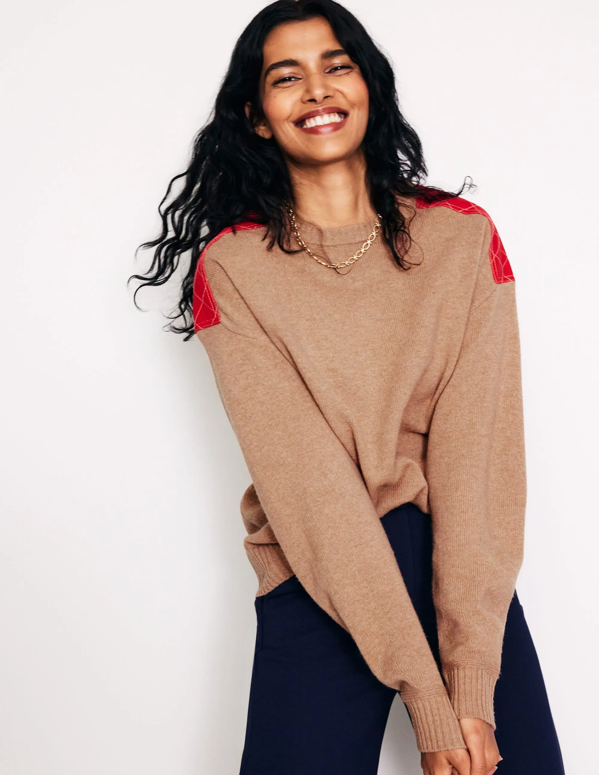 Quilted Patch Jumper-Camel Melange