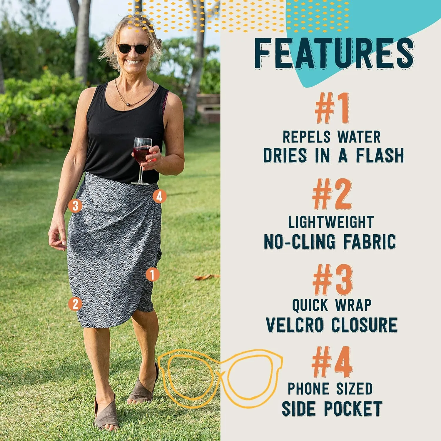 RipSkirt Hawaii Length 3 - Wrap Skirt for Women - Quick Dry Swim Cover-Up for Beach, Travel with Pocket