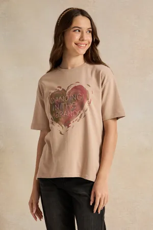 Senior Girls Beige Heart Printed Oversize T-Shirts
