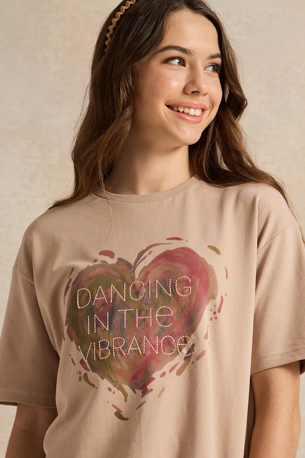 Senior Girls Beige Heart Printed Oversize T-Shirts