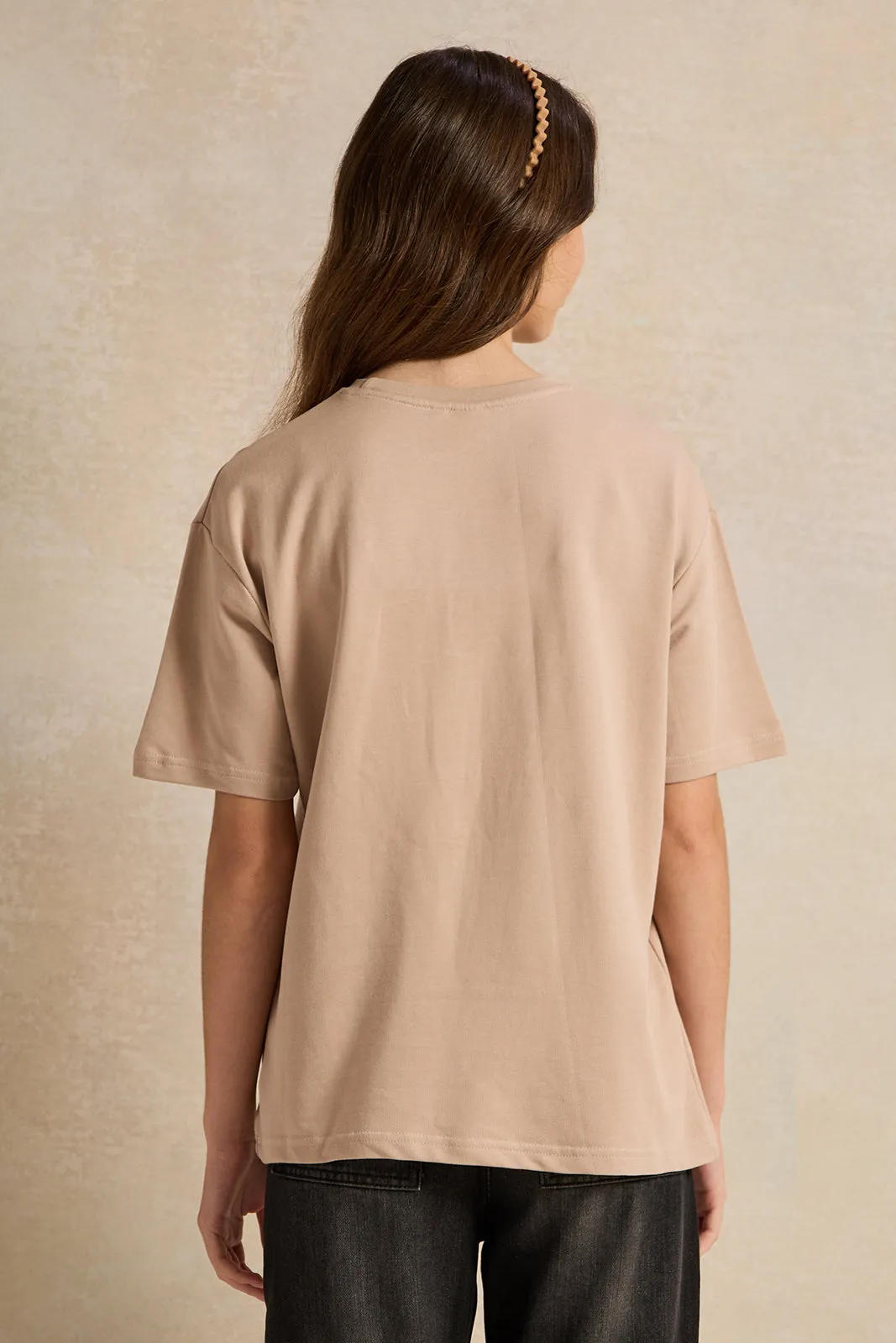 Senior Girls Beige Heart Printed Oversize T-Shirts