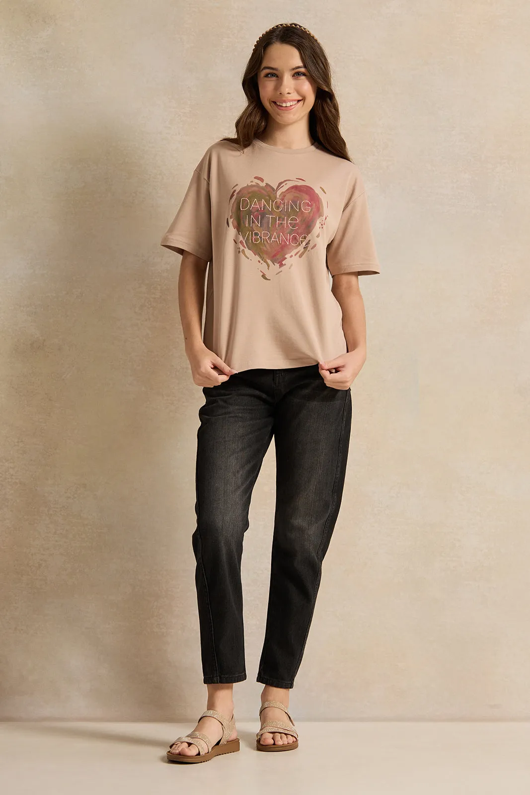 Senior Girls Beige Heart Printed Oversize T-Shirts
