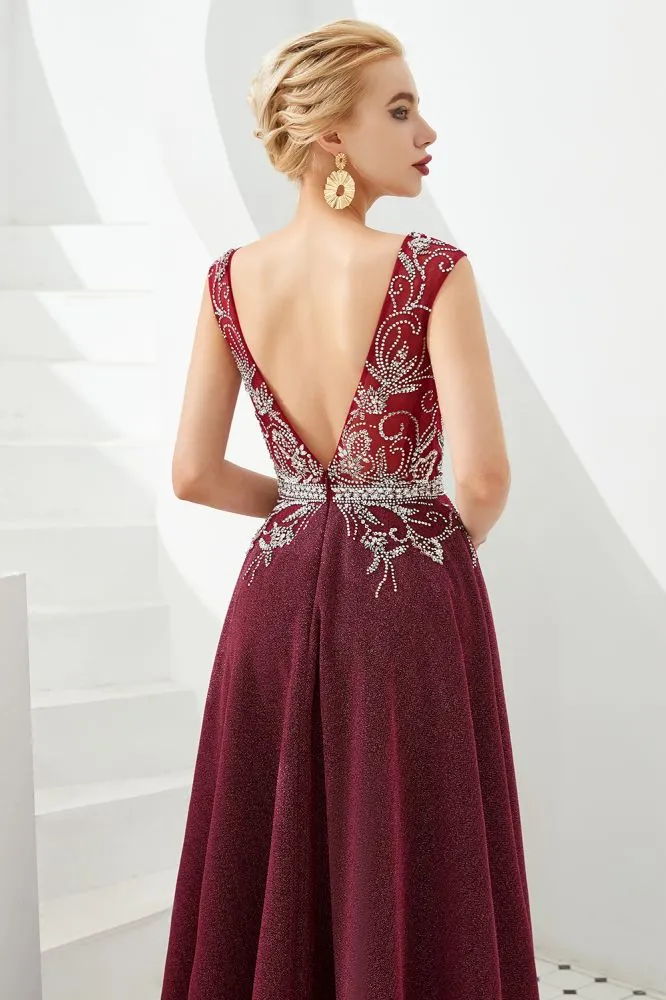 Sexy Deep V-Neck aline Evening Dress Sleeveless Crystals Floor Length Prom Dress quincenera Dress