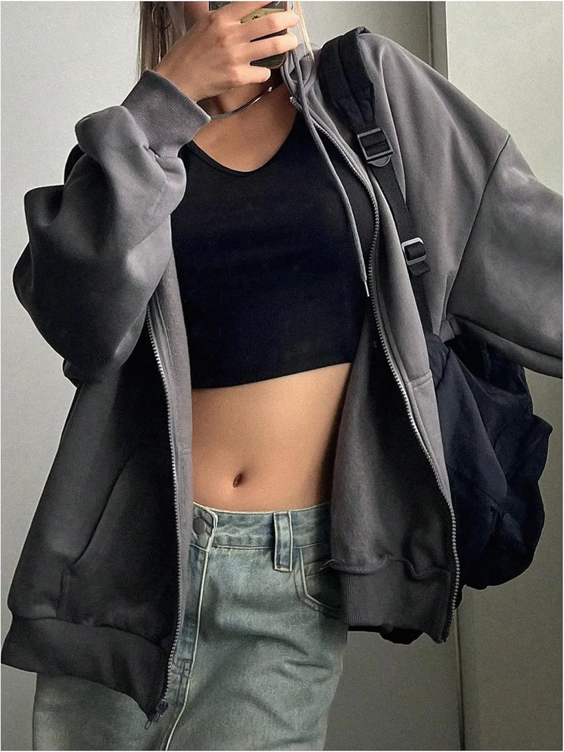 SHENHE Women's Oversized Zip Up Hoodie Sweatshirt Drawstring Casual Jacket with Pockets