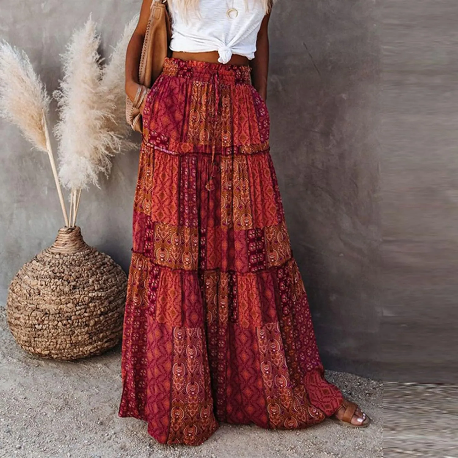 Skirts for Women,Trendy Womens Boho Maxi Skirt with Pockets Linen Flowy Long Skirts 2025 Elastic High Waisted
