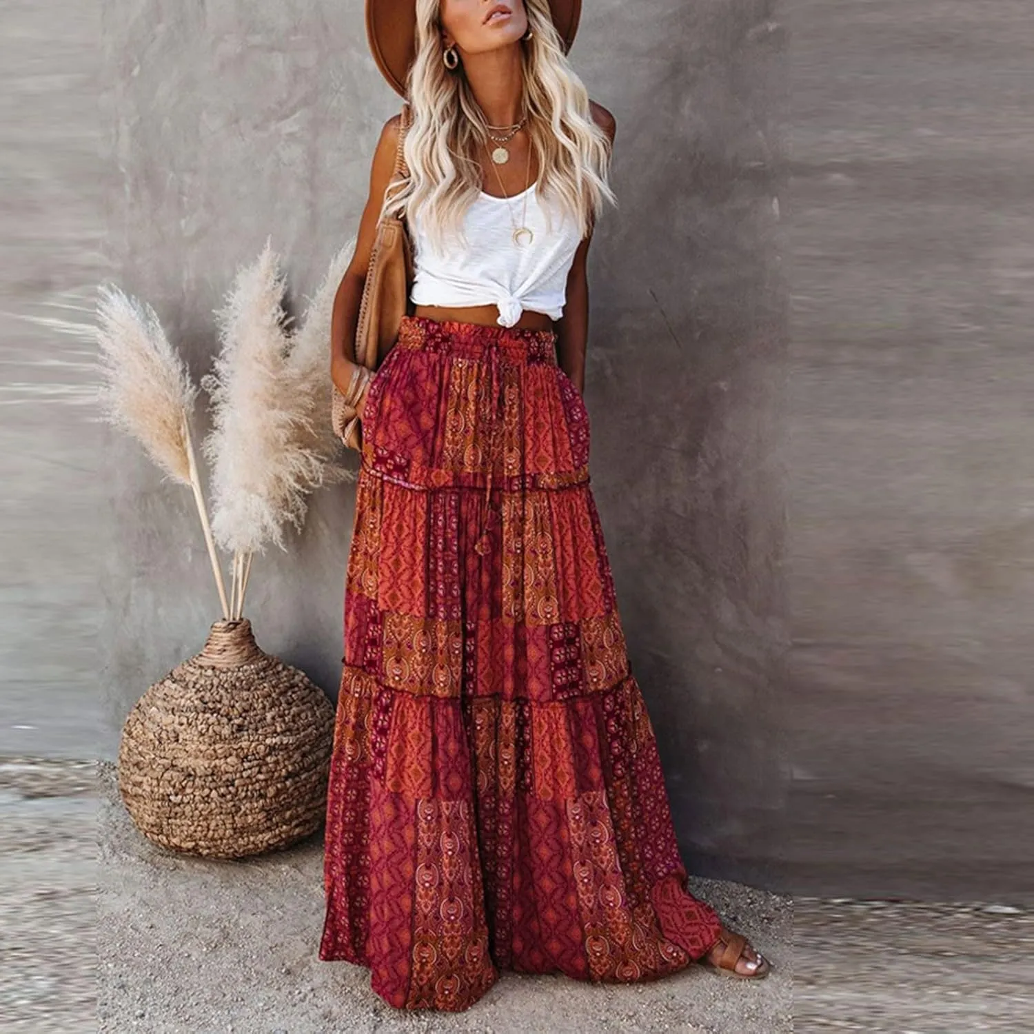 Skirts for Women,Trendy Womens Boho Maxi Skirt with Pockets Linen Flowy Long Skirts 2025 Elastic High Waisted