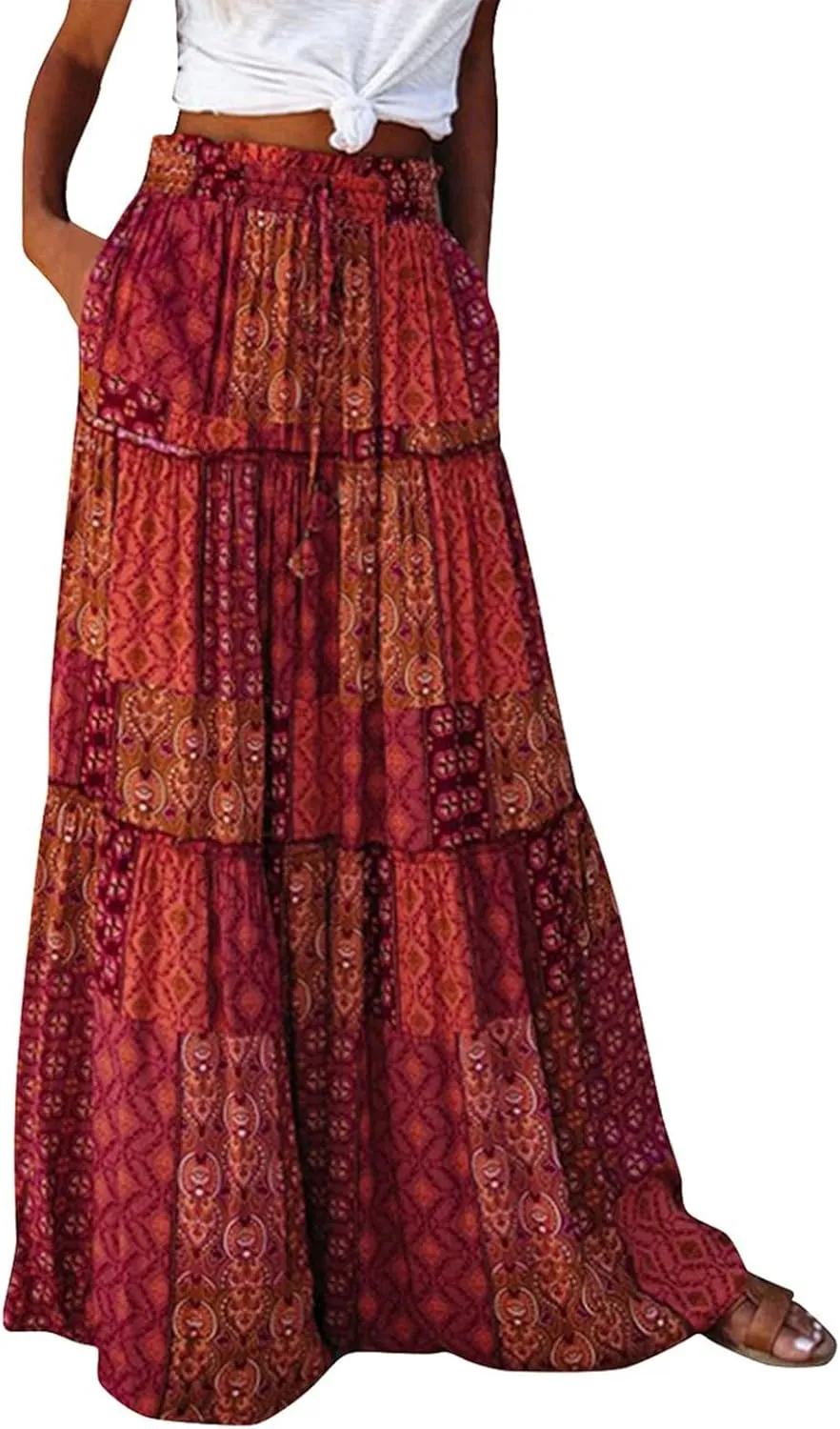 Skirts for Women,Trendy Womens Boho Maxi Skirt with Pockets Linen Flowy Long Skirts 2025 Elastic High Waisted