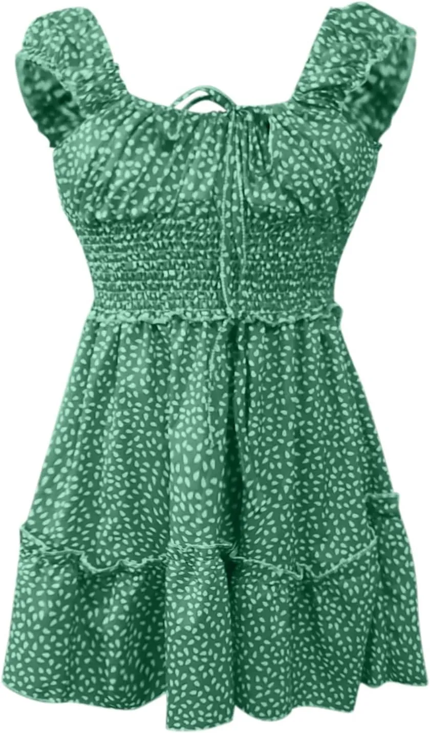 Summer Womens Smocked Dresses Ruffle Floral Tie Front Boho Sundress Sexy Fashion Print Neckline Mini Dress