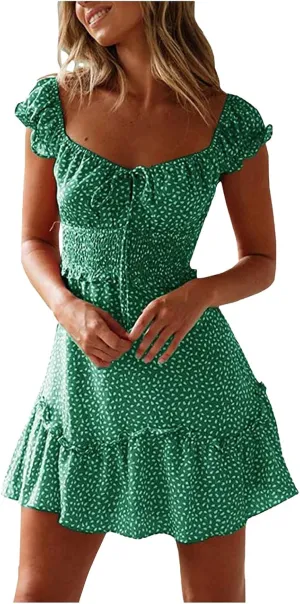 Summer Womens Smocked Dresses Ruffle Floral Tie Front Boho Sundress Sexy Fashion Print Neckline Mini Dress