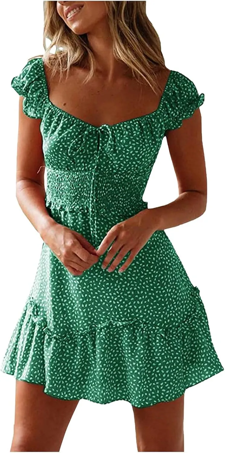 Summer Womens Smocked Dresses Ruffle Floral Tie Front Boho Sundress Sexy Fashion Print Neckline Mini Dress