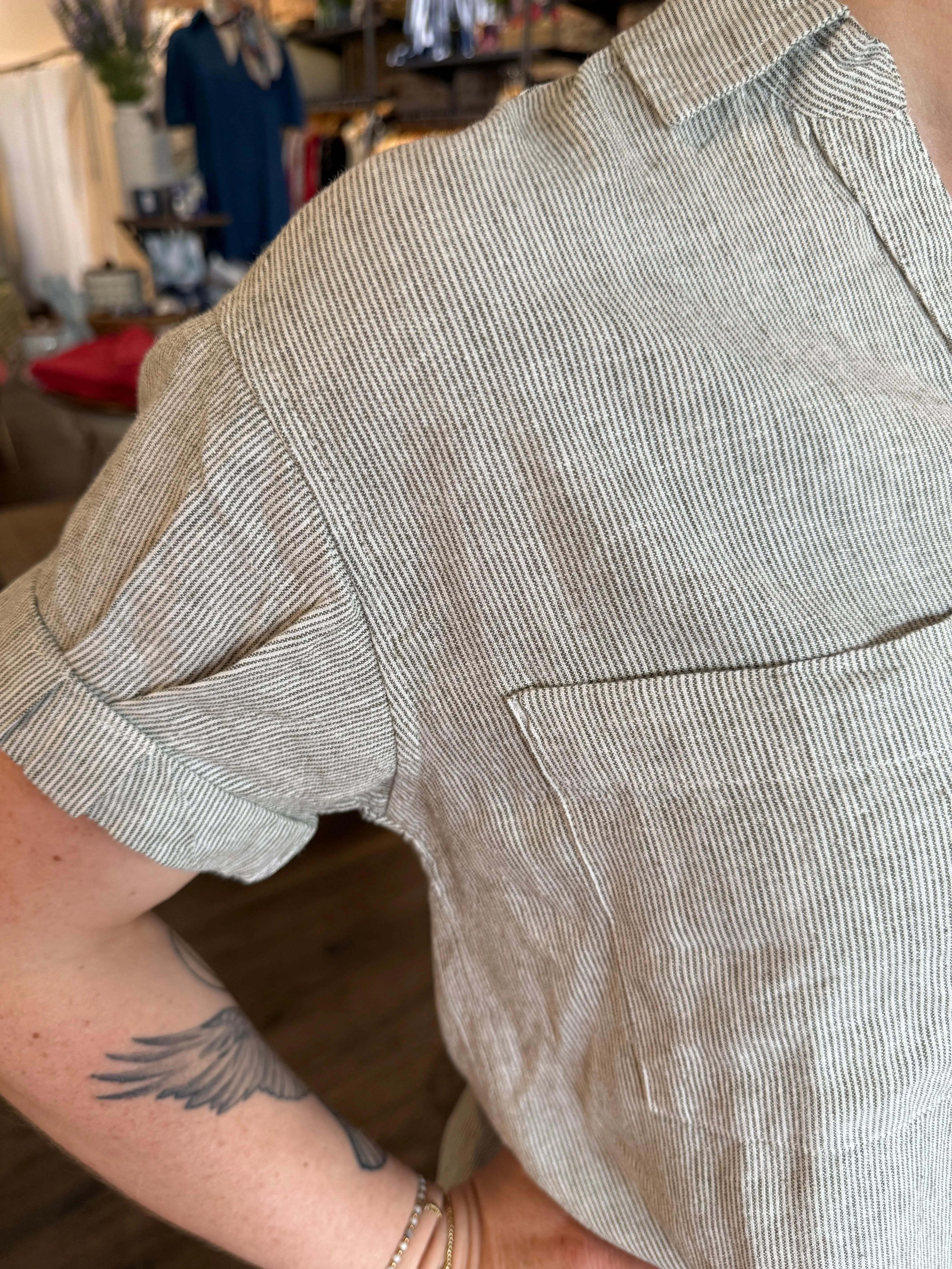 Sydney Button Up- Micro Olive Stripe