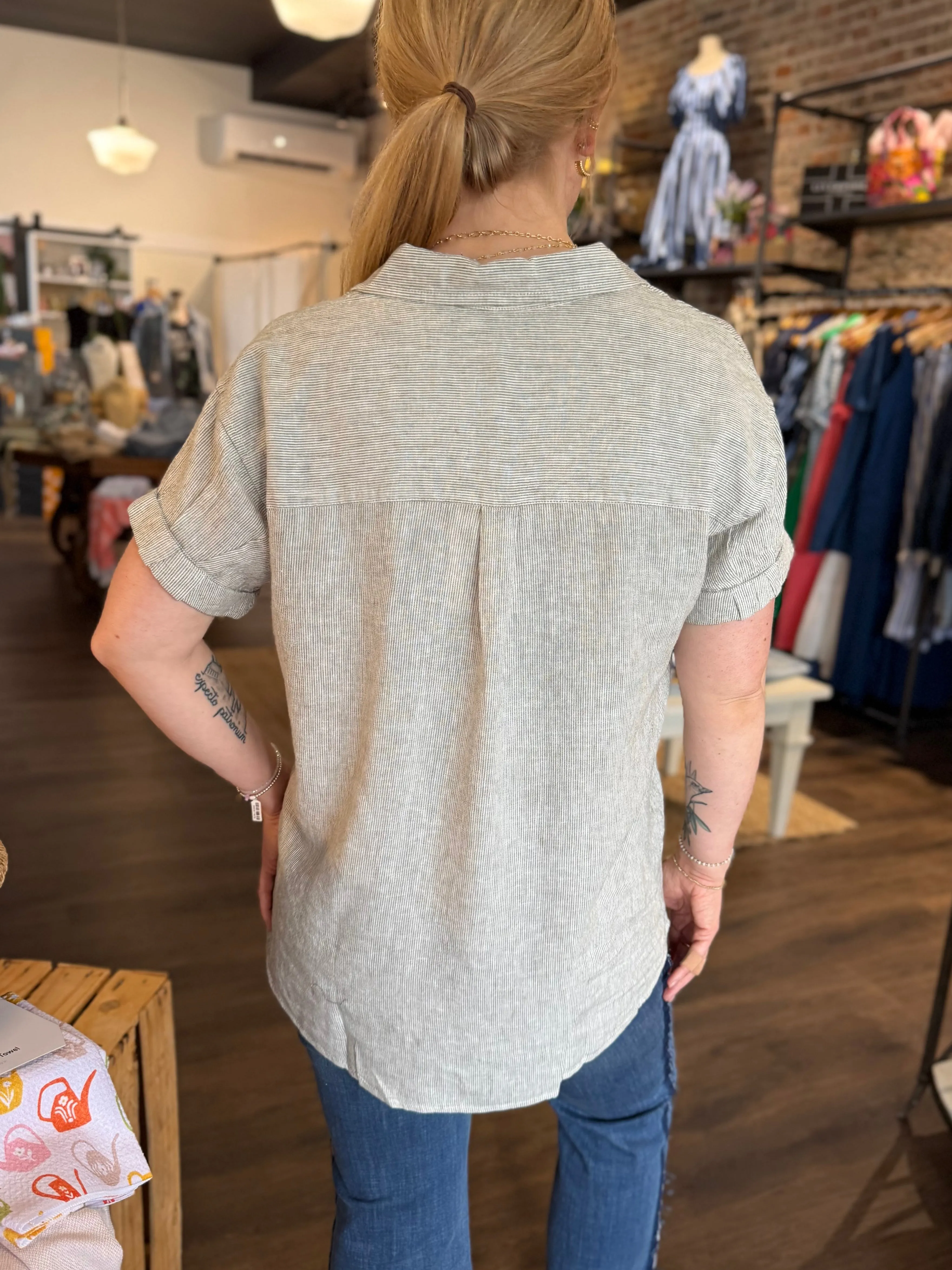 Sydney Button Up- Micro Olive Stripe